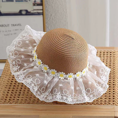 Sombrero de paja con encaje de margaritas para niños, fino y con protección UV