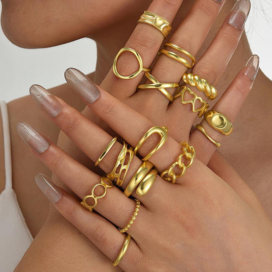 16-Piece Geometric Oval Gold-Plated Ring Set