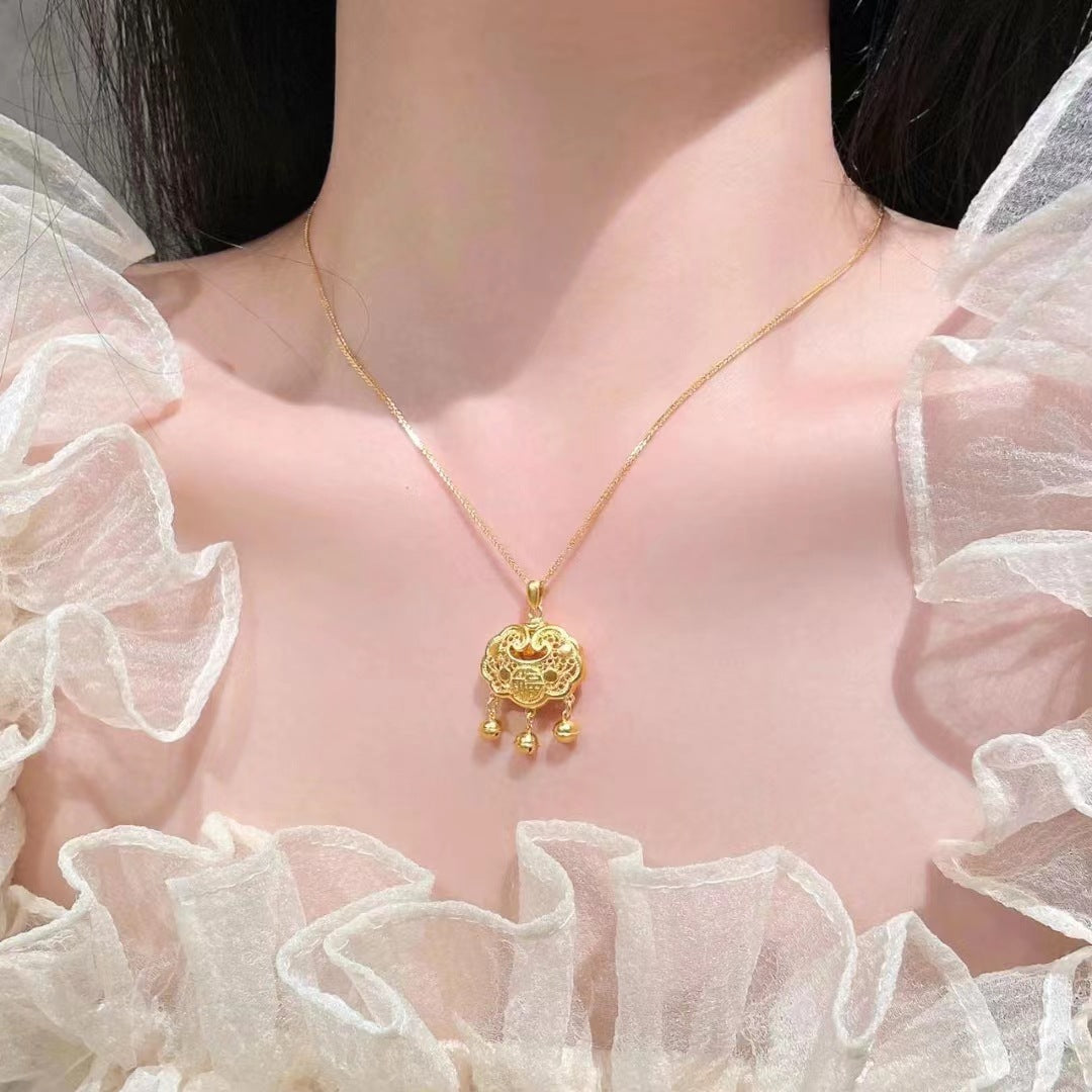 Women's "Fu Zi Ping An" Hollow Imitation-Gold Lock Necklace