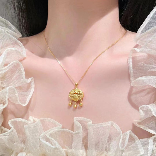 Women's "Fu Zi Ping An" Hollow Imitation-Gold Lock Necklace