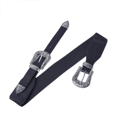 Grained metal double buckle decorative belt
