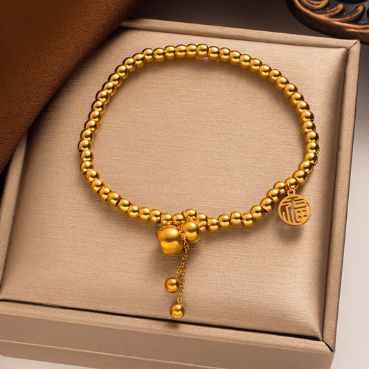 Pulseira de cabaça de aço de titânio para mulheres – conta elástica de ouro, amuleto da sorte, estilo coreano moderno 