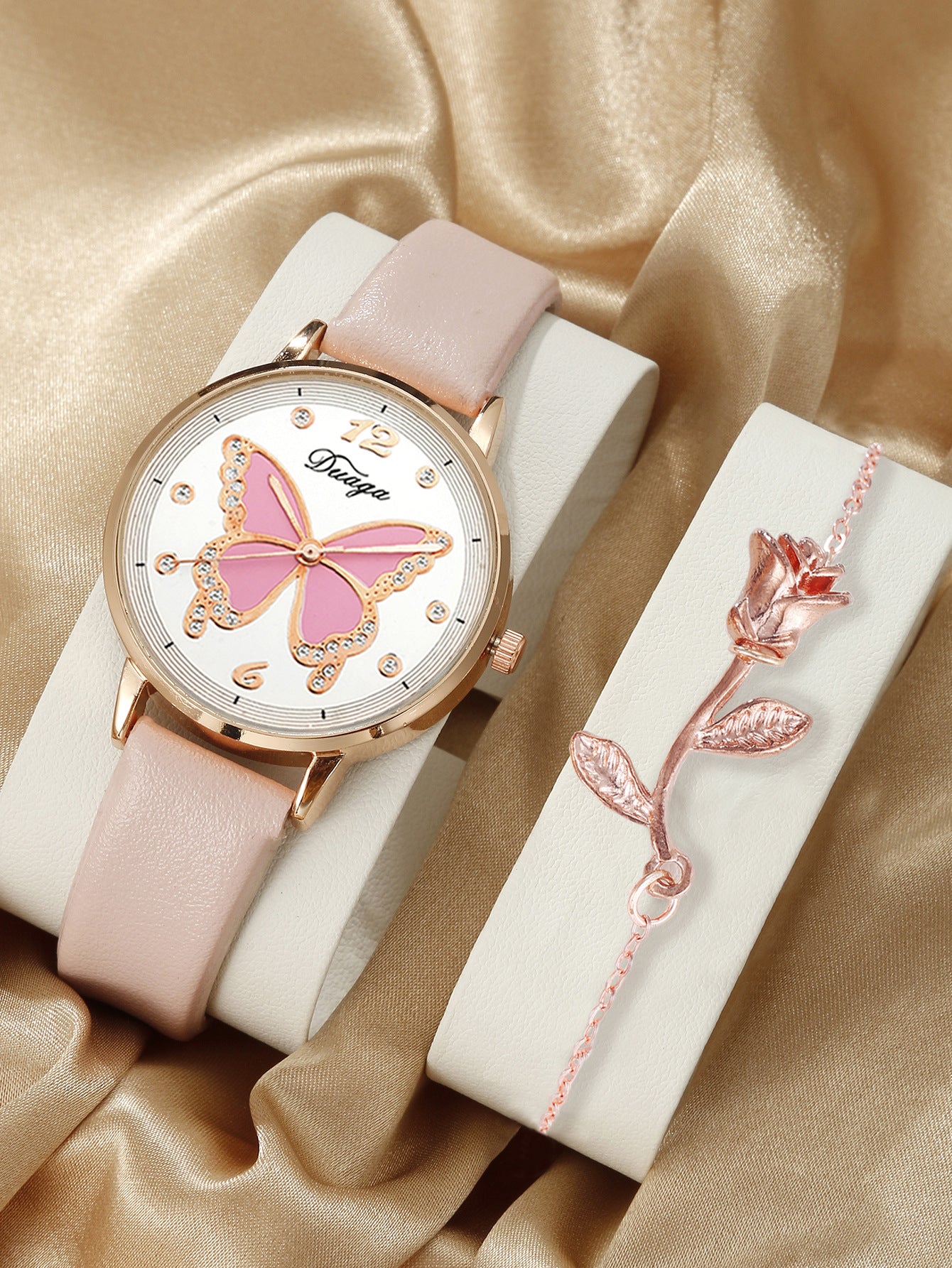 Butterfly Round Leather Watch Set