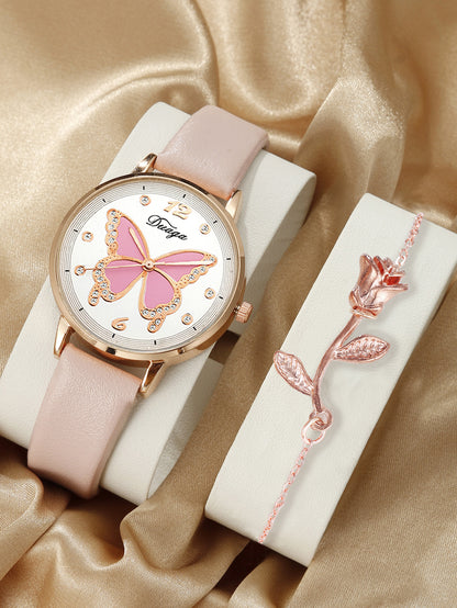 Butterfly Round Leather Watch Set