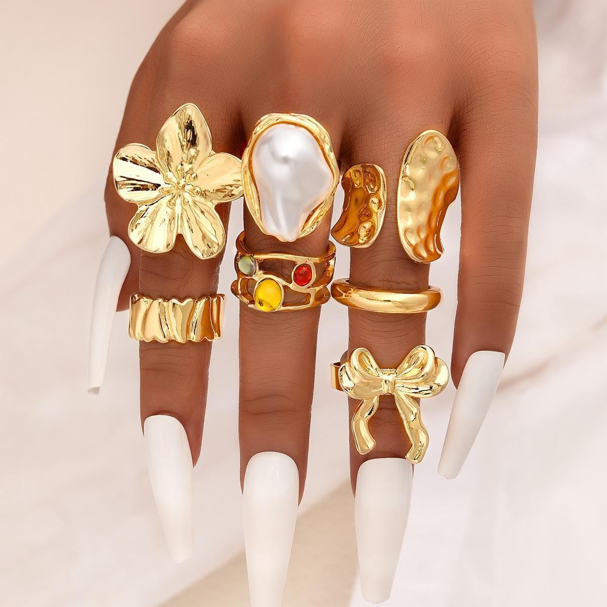 Irregular Pearl Gold-Plated 12-Piece Ring Set