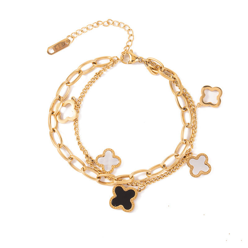 Women's 18K Rose Gold Titanium Steel Double-Chain Four-Leaf Clover Bracelet