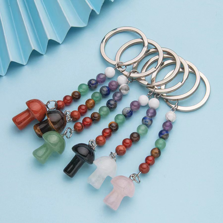 Colorful stone crystal small mushroom pendant stainless steel keychain