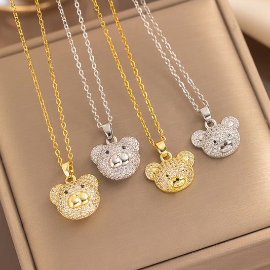 Lindo colar com pingente de urso e corrente de aço inoxidável 