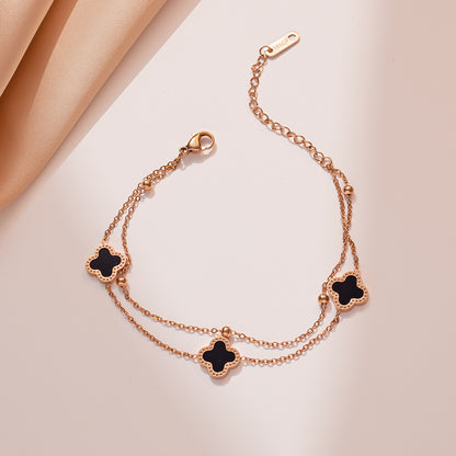Fashion Titanium Steel Clover Anklet - Double-Layer Bead Chain, Non-Fading