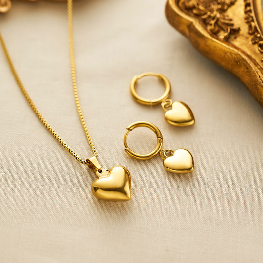 Women's Peach Heart Necklace & Earring Set — 18K Gold-Plated Box Chain