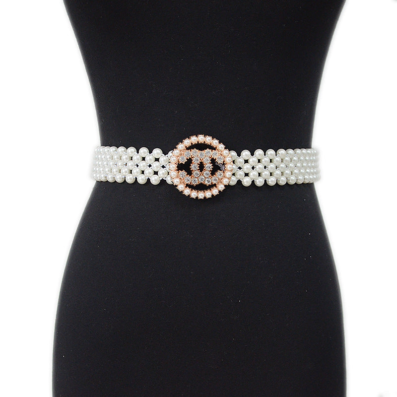 Slim Fit Rhinestone Pearl Wide Waist Chain