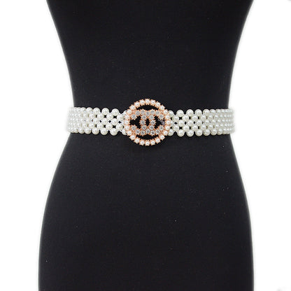 Slim Fit Rhinestone Pearl Wide Waist Chain