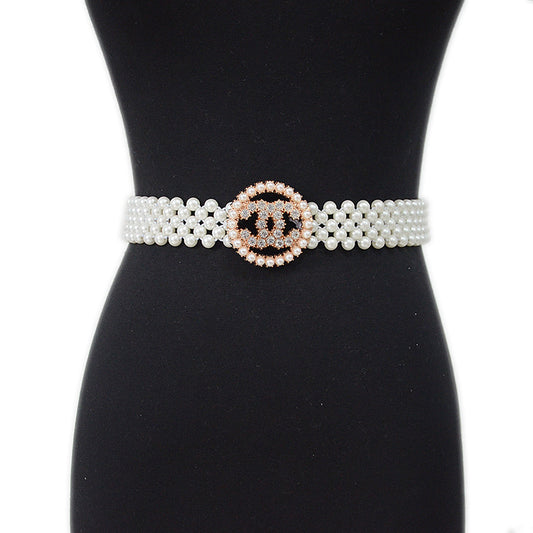 Slim Fit Rhinestone Pearl Wide Waist Chain