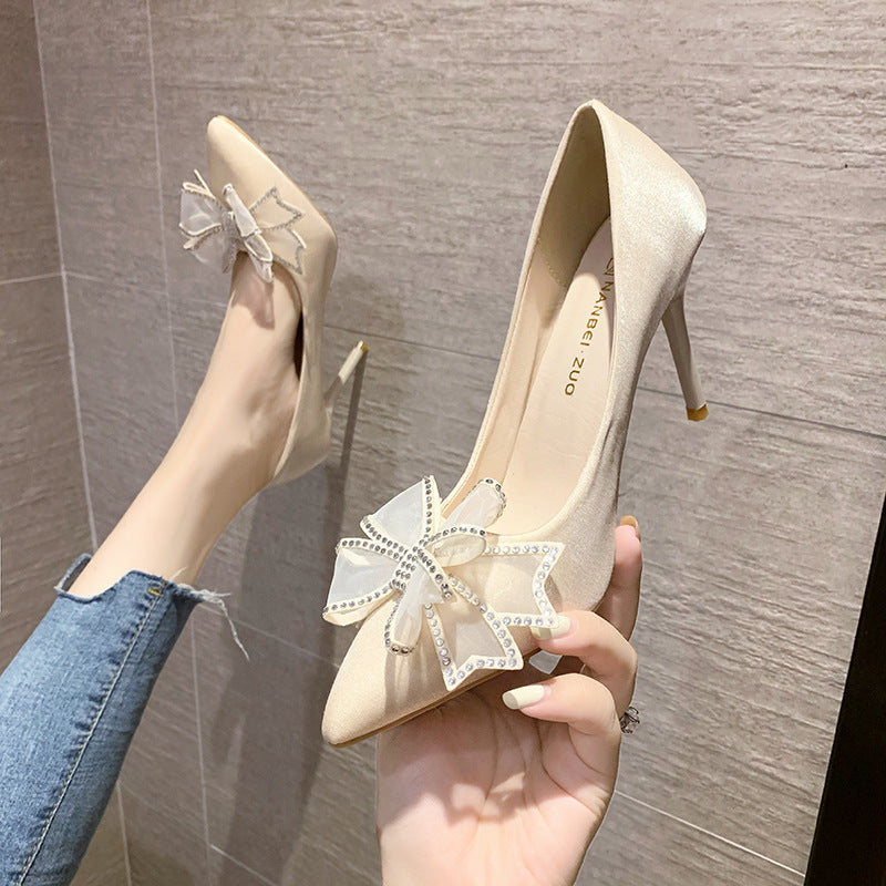 Bow rhinestone pointed shallow mouth high heels