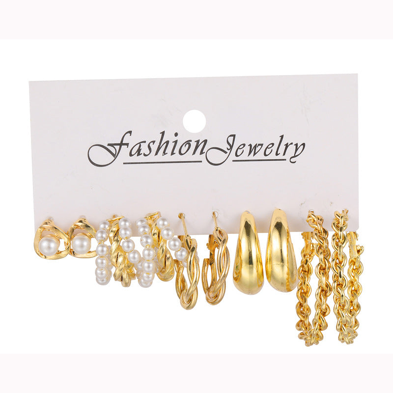 Retro Geometric Pearl 6-Piece Earring Set