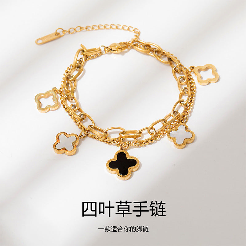 Women's 18K Rose Gold Titanium Steel Double-Chain Four-Leaf Clover Bracelet