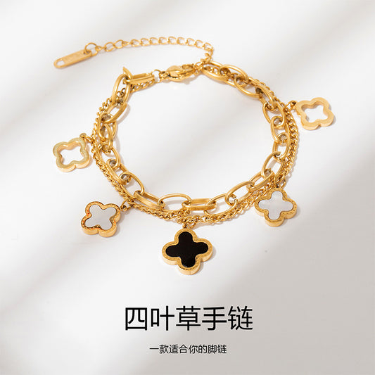 Women's 18K Rose Gold Titanium Steel Double-Chain Four-Leaf Clover Bracelet