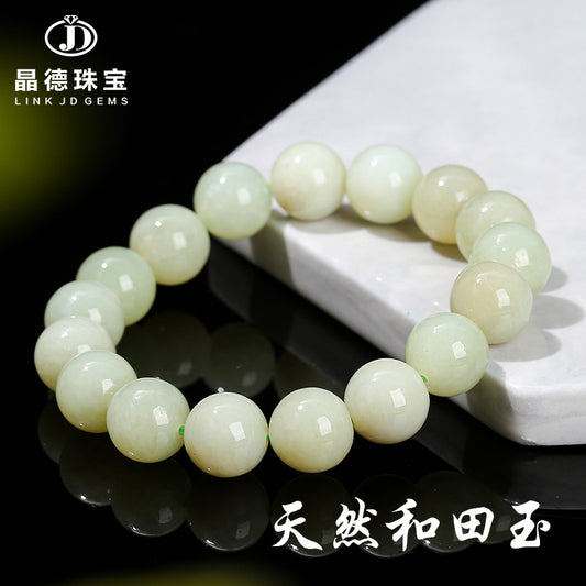 Pulsera de cuentas redondas de jade hetiano de agua clara natural de 12 mm. 