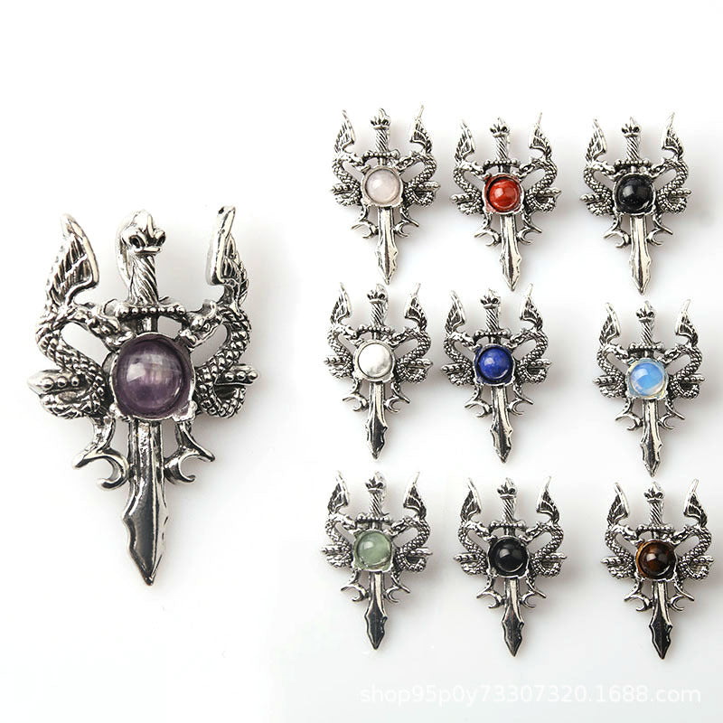 Pingente dominador masculino retrô de pedra de cristal duplo dragão 