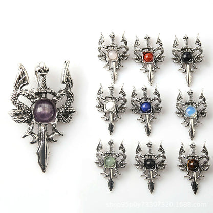 Pingente dominador masculino retrô de pedra de cristal duplo dragão 