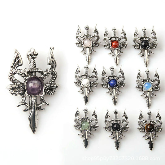 Pingente dominador masculino retrô de pedra de cristal duplo dragão 