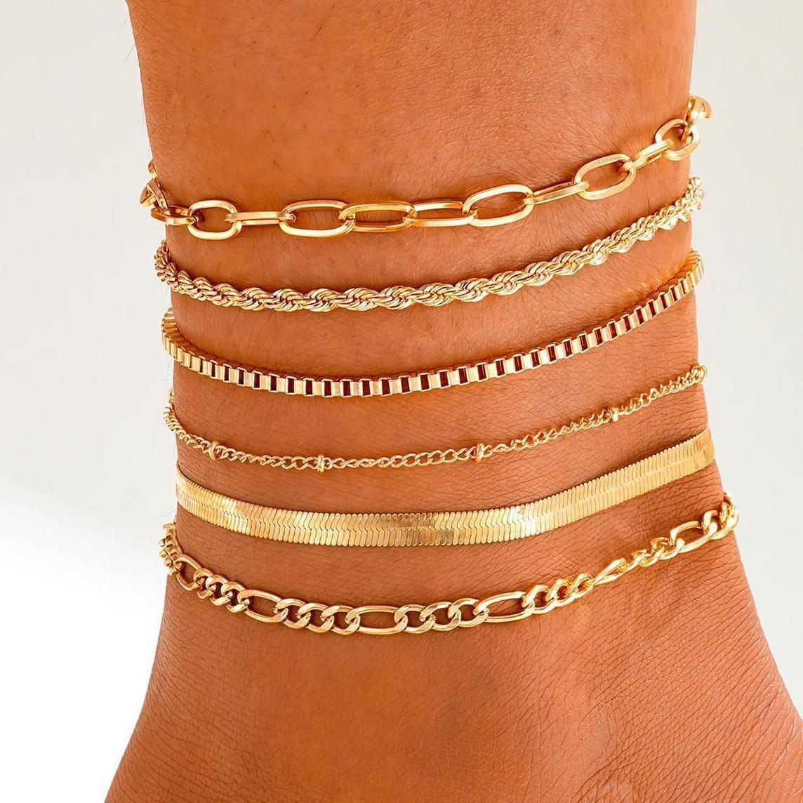 Juego de 6 tobilleras retro doradas 