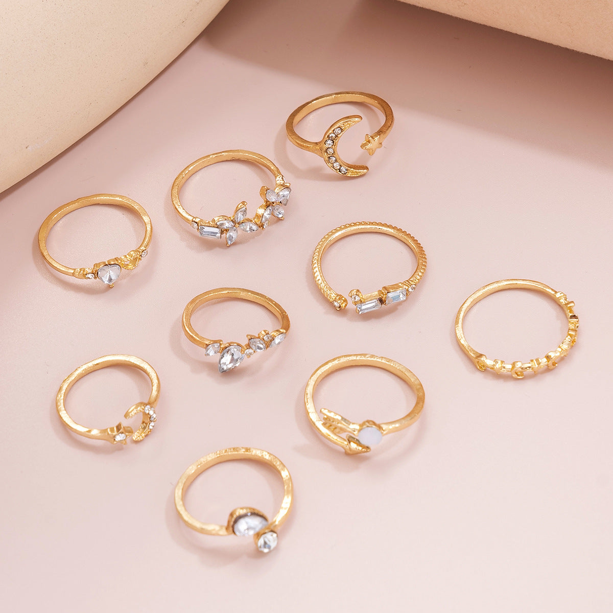 9Pcs Star Moon & Floral Ring Set