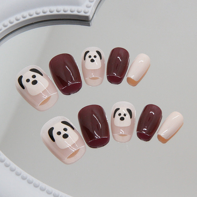 Cute Dog Autumn Winter Wine Red Short Tapered Nails