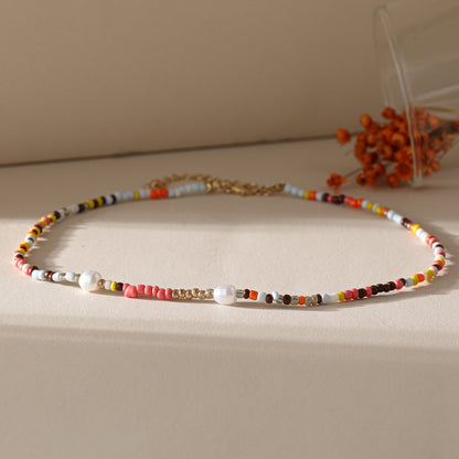 Creative colorful beaded pearl lock hoop necklace