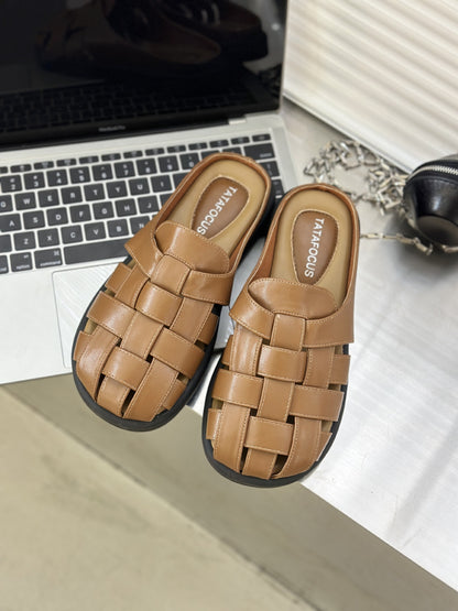 Soft leather half slippers women's new retro weaving