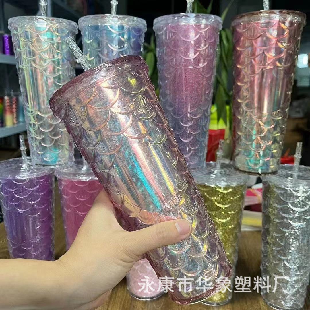 Fish scale cup double straw cup 700ml