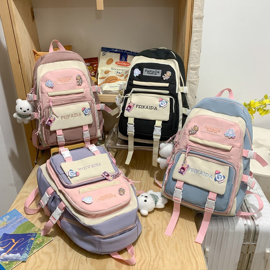 Mochila escolar de color en contraste, mochila informal con letras. 