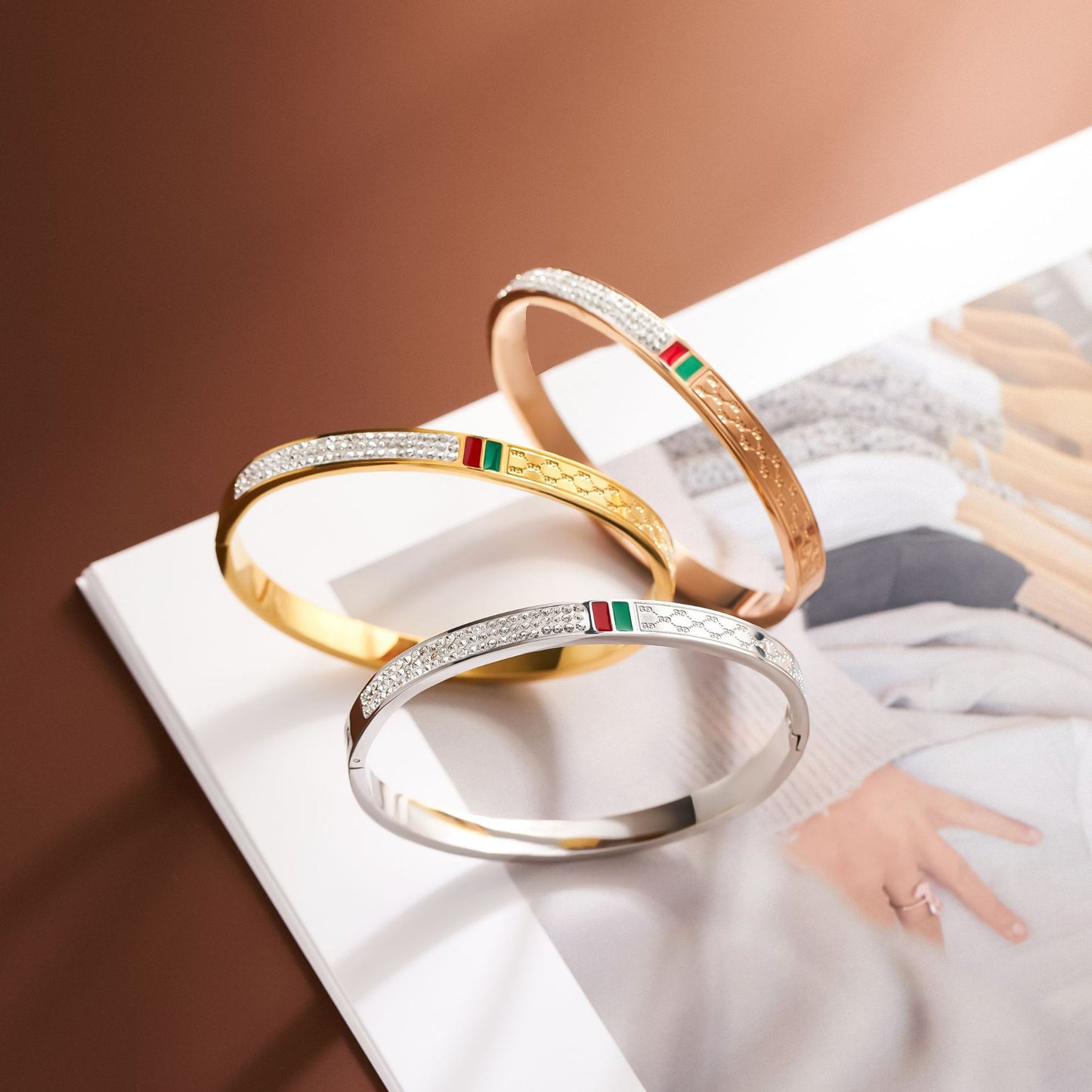 Women's 18K Gold-Plated Titanium Steel Red & Green Enamel Bracelet