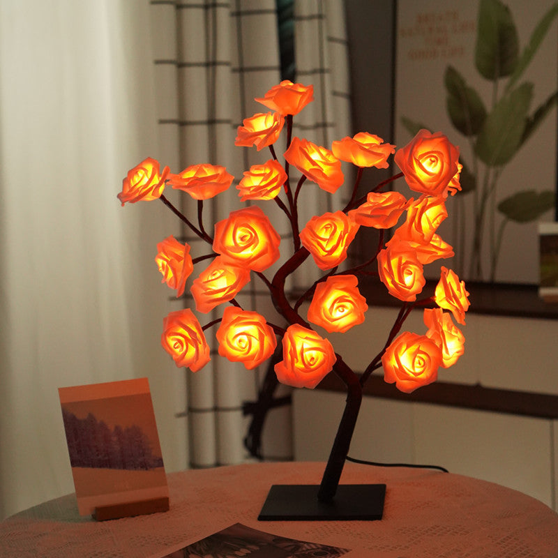 Luz nocturna de decoración de lámpara de árbol de rosas de simulación LED con interruptor USB 