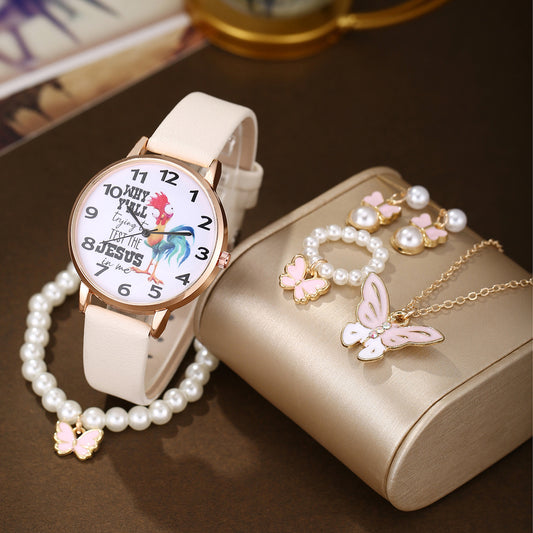 Quartz Wrist Watch Pearl Butterfly Jewelry Set