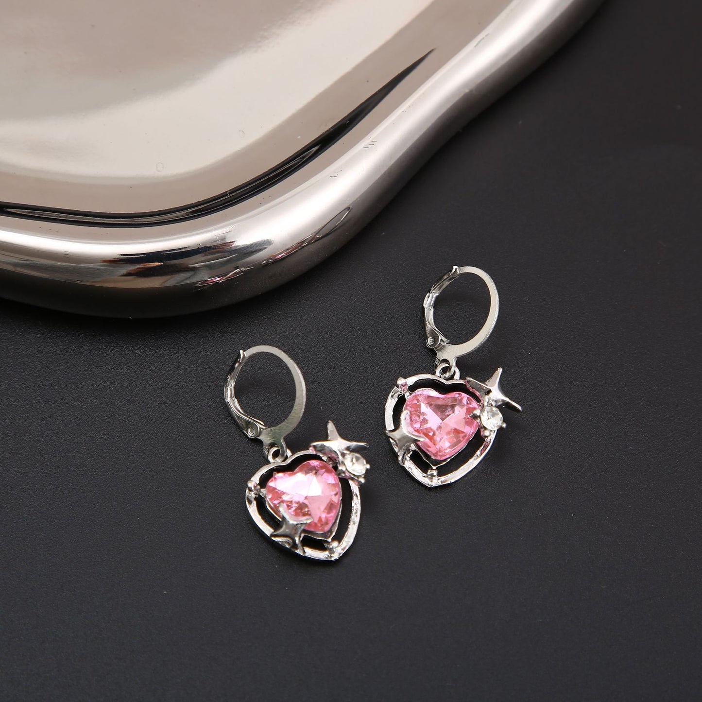 Pink Zircon Heart Hoop Earrings
