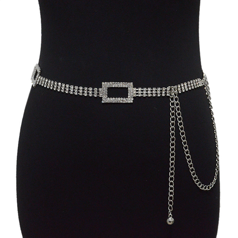 Rhinestone inlaid rectangular buckle waist chain