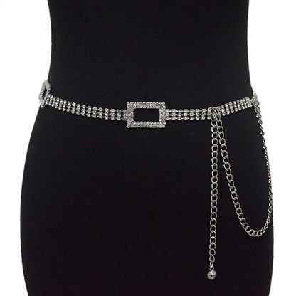Rhinestone inlaid rectangular buckle waist chain