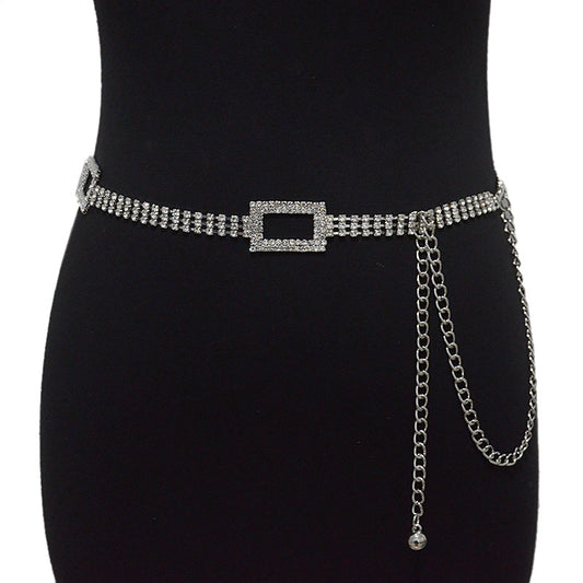 Rhinestone inlaid rectangular buckle waist chain