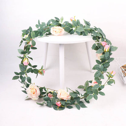Tapiz de pared de planta verde artificial de plástico para pared de flores artificiales de vid rosa 