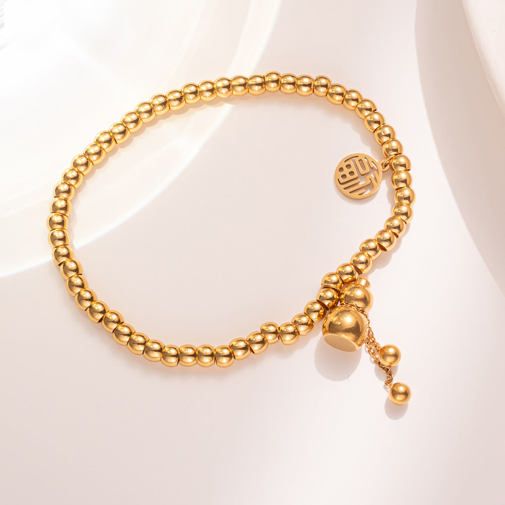 Pulseira de cabaça de aço de titânio para mulheres – conta elástica de ouro, amuleto da sorte, estilo coreano moderno 