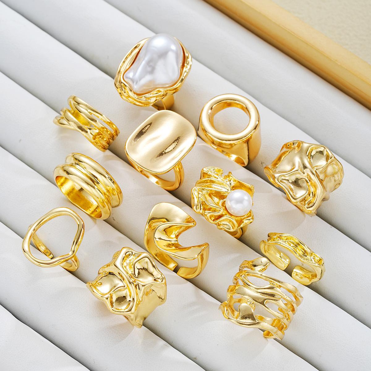 Irregular Pearl Gold-Plated 12-Piece Ring Set