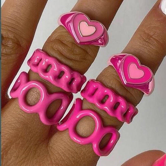 Pink Dripping Oil Love Ring Set