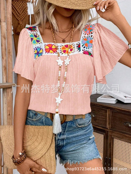 Square Neck Lace Short Sleeve Shirt