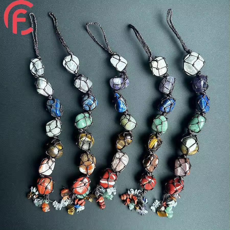 Pingente de carro tecido à mão com pedra crua irregular de cristal colorido de 7 cores 