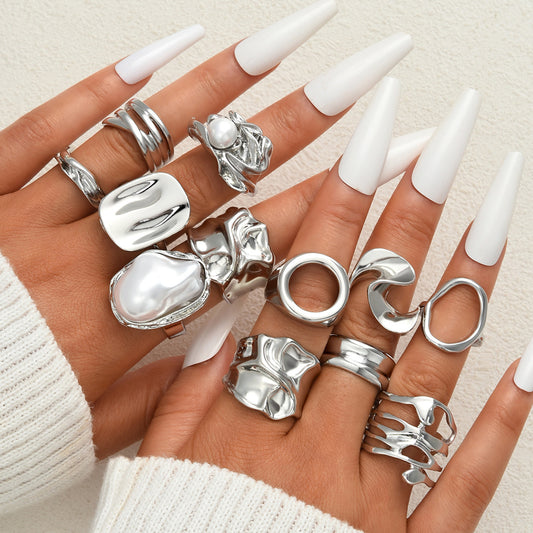 Geometric Pearl Ring Set