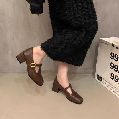 Casual one-word buckle thick-heeled small leather shoes