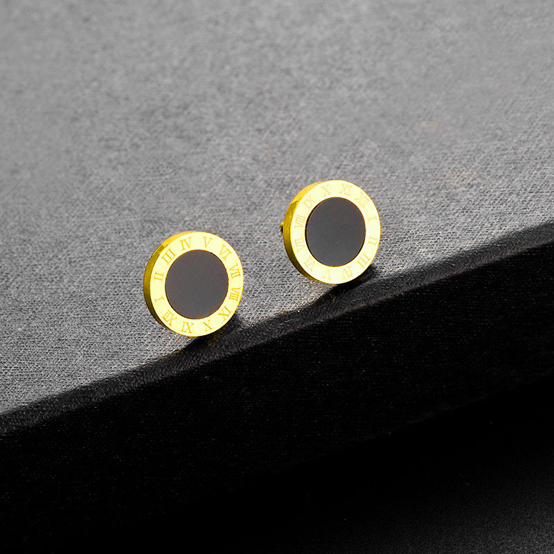 Round Black Roman Titanium Steel Stud Earrings