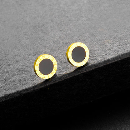 Round Black Roman Titanium Steel Stud Earrings