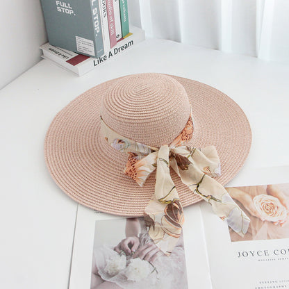 Beach Straw Hat Wide-Brim UV Protection Foldable with Bow